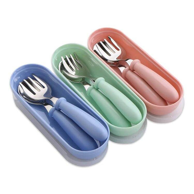 Kids Stainless Steel Spoon and Fork Set 3 Pieces For Kids Meals in blue green and pink with PP storage cases, rounded child-friendly handles
