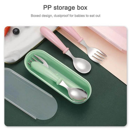 Kids Stainless Steel Spoon and Fork Set 3 Pieces For Kids Meals in green PP storage box with rounded child-friendly handles
