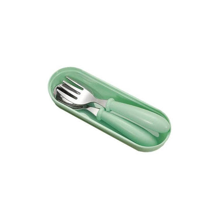 Kids Stainless Steel Spoon and Fork Set 3 Pieces For Kids Meals green spoon and fork in PP storage box, 304 stainless steel, rounded child-friendly handles
