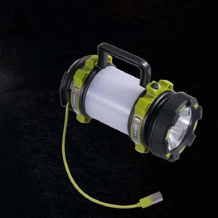 KINSACH Portable LED Searchlight for Outdoor Camping showing compact green ABS body, USB rechargeable 2600mAh battery and long-range beam
