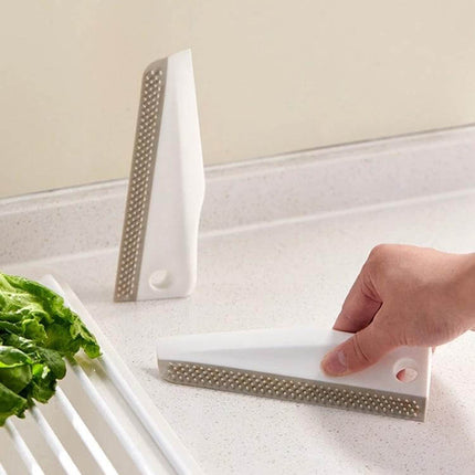 Kitchen Bathroom Countertop Scraper Dual Sided Cleaning – white dual‑sided scraper lifting dried food and residue from countertop, ergonomic grip, TPR edge