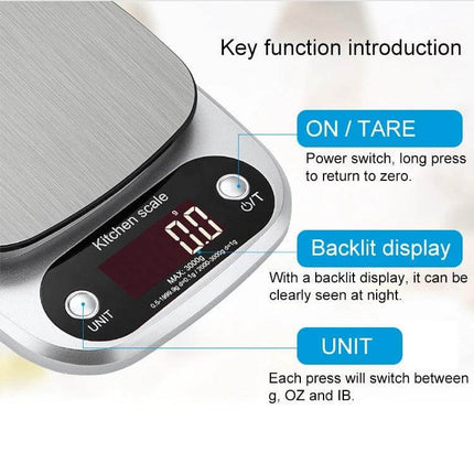 Kitchen Scale 10kg Capacity for Everyday Home Cooking compact stainless steel digital scale with backlit display and tare/unit buttons