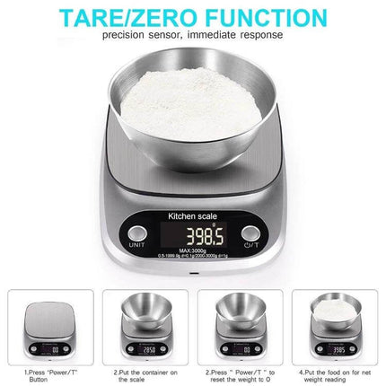 Kitchen Scale 10kg Capacity for Everyday Home Cooking stainless steel surface digital readout with bowl showing 398.5g