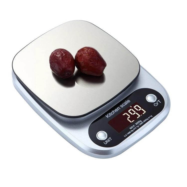 Kitchen Scale For Precise Measuring, Stainless Steel, 3kg Capacity - stainless steel platform digital kitchen scale showing 29g with two dates