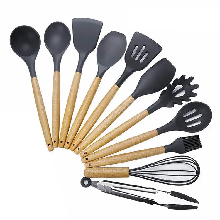 Kn020 11 In 1 Wooden Handle Silicone Non-stick Kitchen Tool Set 