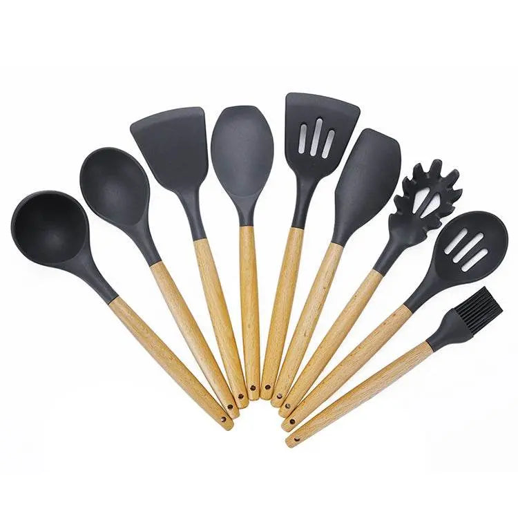 Kn020 9 In 1 A Version Wooden Handle Silicone Kitchen Tool Set 