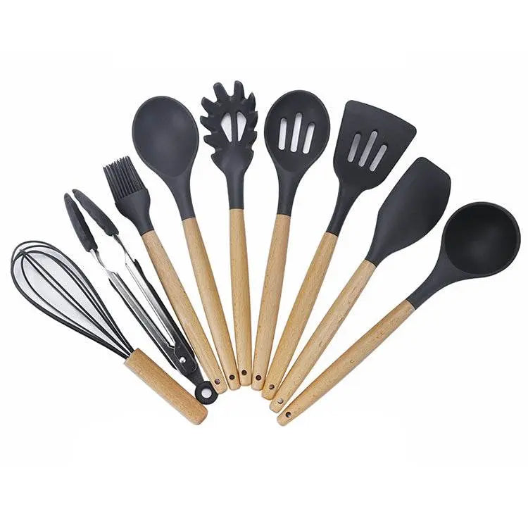 Kn020 9 In 1 B Version Wooden Handle Silicone Kitchen Tool Set 