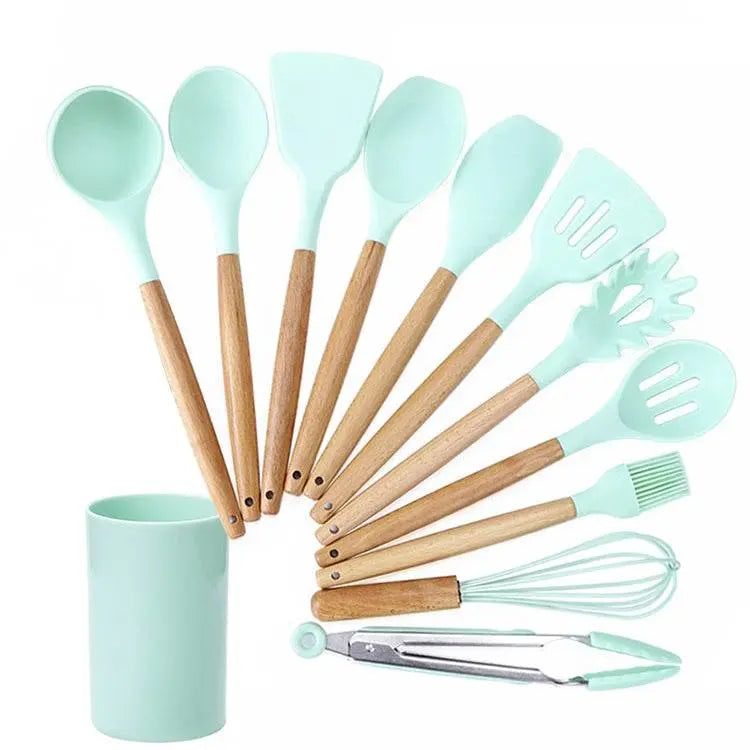 Kn082 11 In 1 Wooden Handle Silicone Kitchen Tool Set 