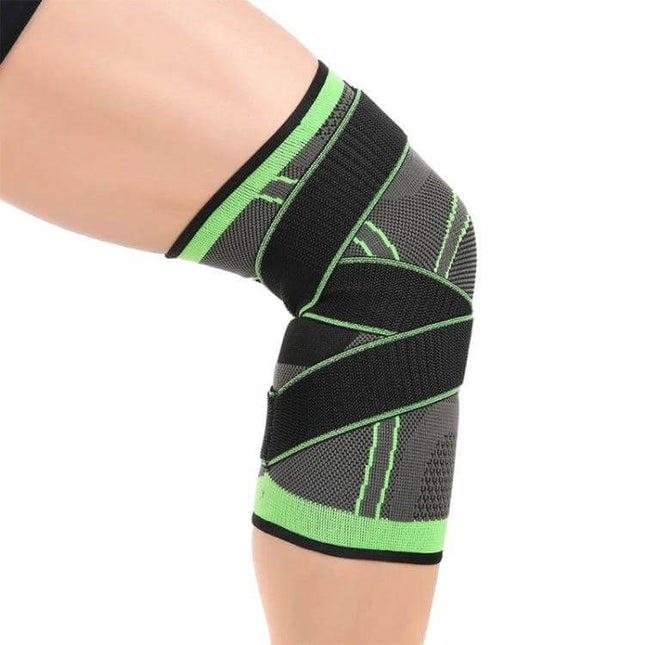 Knee Support Sleeve Medium For Running And Cycling - Black and Green Nylon Knee Sleeve On Active Adult Leg, Medium Size