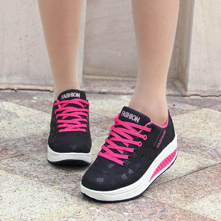 Korean Women's Wedge Casual Sneakers With Thick Sole black synthetic leather wedge sneakers with pink laces and EVA outsole