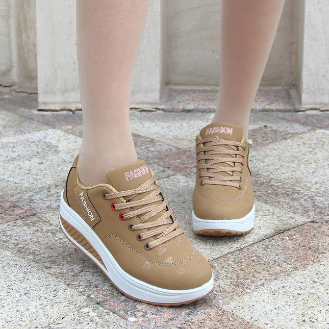 Korean Women's Wedge Casual Sneakers With Thick Sole in tan synthetic leather, EVA wedge heel 3–5cm for city walking