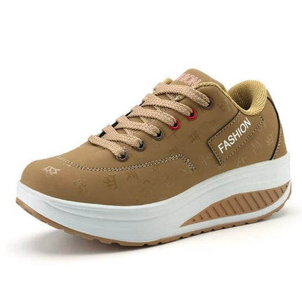 Korean Women's Wedge Casual Sneakers With Thick Sole in tan synthetic leather, 3–5cm wedge, EVA outsole for city walking