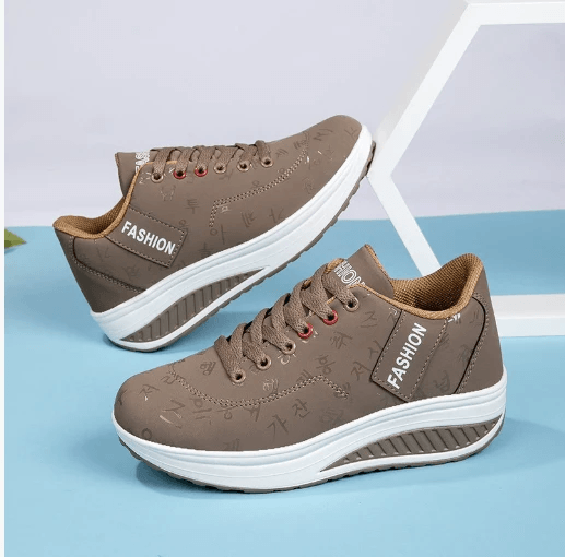 Korean Women's Wedge Casual Sneakers With Thick Sole in brown synthetic leather, 3–5cm wedge, EVA outsole, casual city walking