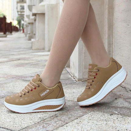 Korean Women's Wedge Casual Sneakers With Thick Sole in tan synthetic leather, 3–5cm wedge, EVA outsole for casual city walking