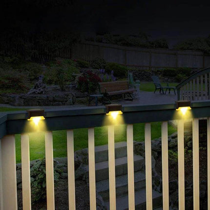 Solar Staircase Light For Outdoors Warm White Stairs Garden mounted on deck railing illuminating steps and garden with warm white glow