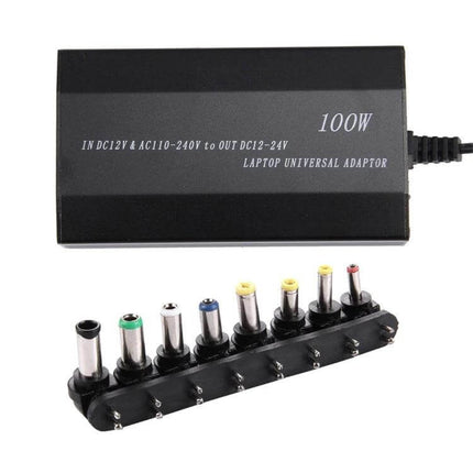 Universal 100W Laptop Charger with Multiple Adapters for Devices showing black 100W power brick and interchangeable adapter tips