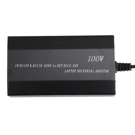 Universal 100W Laptop Charger with Multiple Adapters for Devices black rectangular universal laptop power adapter on white background