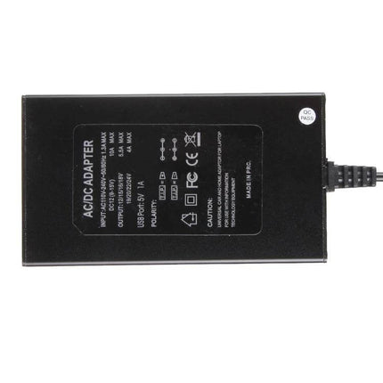 Universal 100W Laptop Charger with Multiple Adapters for Devices - black rectangular AC/DC adapter with cable, multiple output labels and safety icons