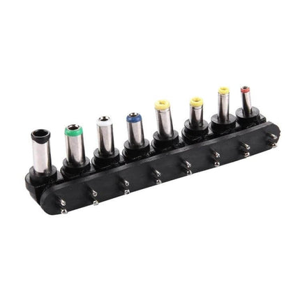 Universal 100W Laptop Charger with Multiple Adapters for Devices showing eight color-coded adapter tips on a holder