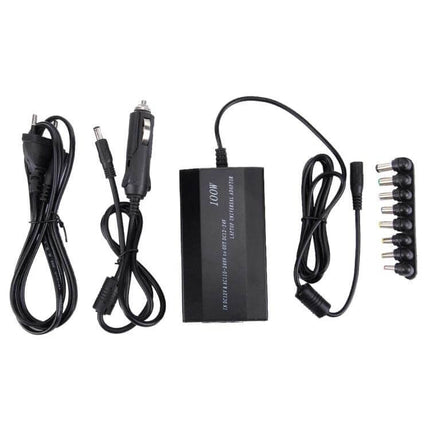 Universal 100W Laptop Charger with Multiple Adapters for Devices – black travel power brick with cords and eight interchangeable tips