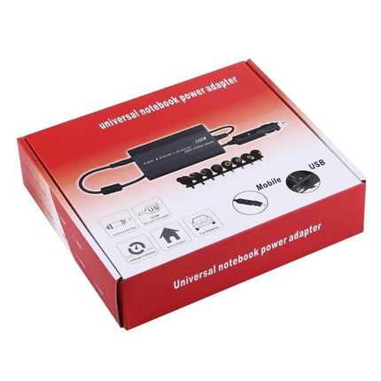 Universal 100W Laptop Charger with Multiple Adapters for Devices packed in red retail box showing charger, multiple tips and USB for travel and home use