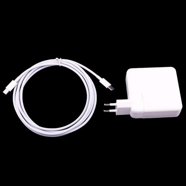 USB Type-C Charger for Daily Travel and Phone Use compact white charger and cable laid out on black background