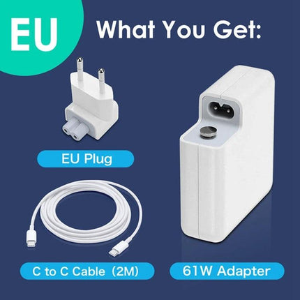 USB Type-C Charger for Daily Travel and Phone Use showing EU plug, 61W adapter and 2M C-to-C cable compact for commuting