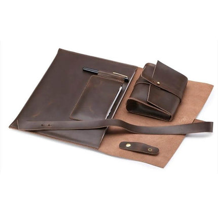 Genuine Leather Protective Sleeve for 15.4 Inch Laptops and Below with brown leather organizer and strap, pen and accessory pockets, slim travel sleeve