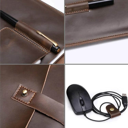 Genuine Leather Protective Sleeve for 15.4 Inch Laptops and Below - brown stitched leather sleeve with pen loop, strap closure and USB mouse cable organizer