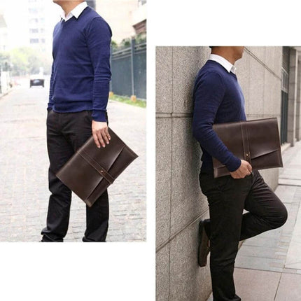 Genuine Leather Protective Sleeve for 15.4 Inch Laptops and Below - brown leather laptop sleeve held by professional commuter