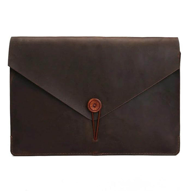 Genuine Leather Protective Sleeve for 13.3 Inch Laptops - dark brown envelope-style leather laptop sleeve with button closure