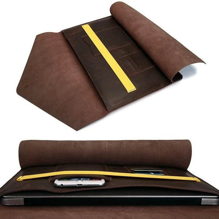 Genuine Leather Protective Sleeve for 13.3 Inch Laptops in brown with internal pockets and yellow trim, open view showing phone and laptop storage