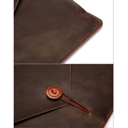 Genuine Leather Protective Sleeve for 13.3 Inch Laptops - brown leather envelope sleeve with stitched edges and button closure