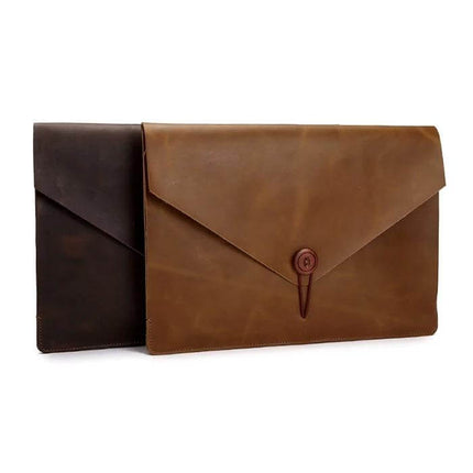Genuine Leather Protective Sleeve for 13.3 Inch Laptops - brown and dark leather envelope-style sleeve with button closure