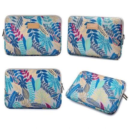 Lisen 13-Inch Laptop Sleeve with Colorful Leaves Design showing front and angled views with blue and pink leaf pattern