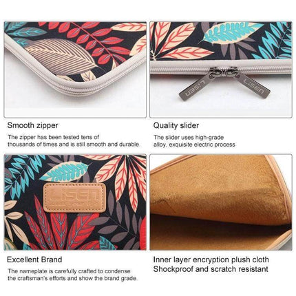 Lisen 13-Inch Laptop Sleeve with Colorful Leaves Design close-up showing zipper, quality slider, brand patch and plush inner lining