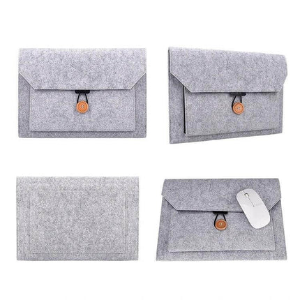 Felt Inner Bag for 12.5 Inch Laptops with Multiple Compartments – grey felt sleeve with front pocket, button closure, holds mouse and charger