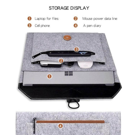 Felt Inner Bag for 12.5 Inch Laptops with Multiple Compartments showing laptop, mouse, phone and pen storage, grey felt organizer for commuting
