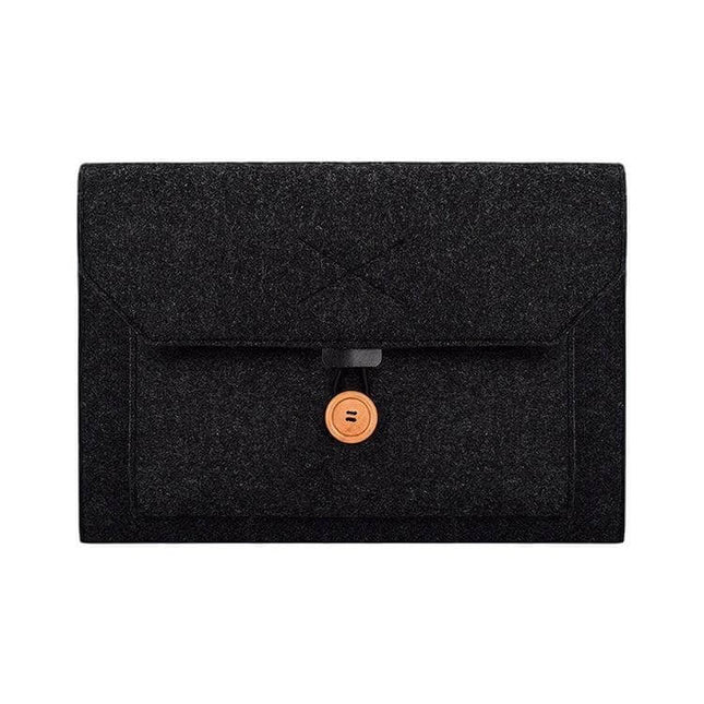ND06 Multi-Purpose Felt Button Inner Bag for 13.3 Inch Laptops - black felt sleeve with front pocket and wooden button closure