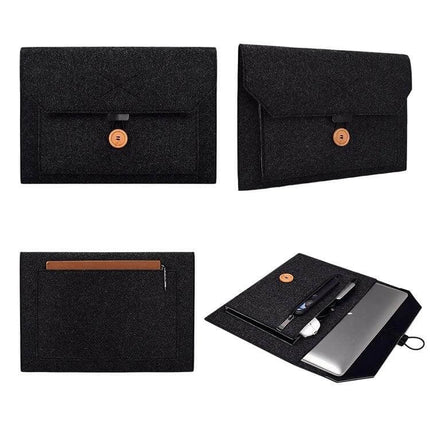 ND06 Multi-Purpose Felt Button Inner Bag for 13.3 Inch Laptops - black felt sleeve with button closure, multiple compartments for laptop and accessories