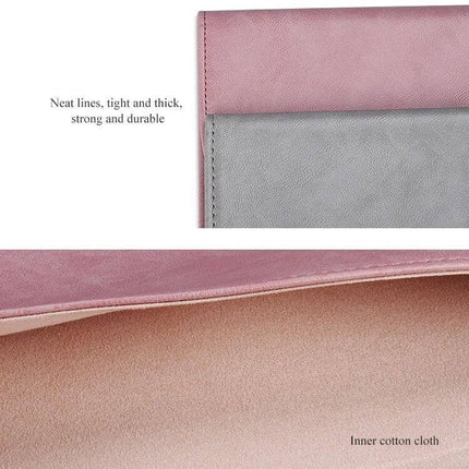 PU Leather Sleeve for 14.1 Inch Laptops with Magnetic Closure showing pink and gray exterior, neat stitching and soft inner cotton cloth