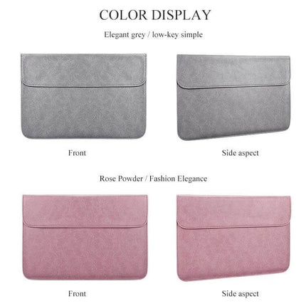 Slim PU Leather Protective Sleeve for 15.6 Inch Laptops - slim grey and rose powder PU leather laptop sleeve front and side views