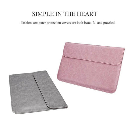 Slim PU Leather Protective Sleeve for 15.6 Inch Laptops in pink and gray shown flat and closed, slim PU leather design for everyday protection