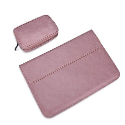Alt Tag: PU Leather Protective Sleeve for 14.1 Inch Laptops with Extra Pouch in pink, slim water-resistant laptop sleeve with zip pouch