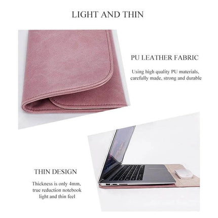 PU Leather Protective Sleeve for 14.1 Inch Laptops with Extra Pouch showing pink slim PU leather sleeve and laptop on thin mouse-pad style surface