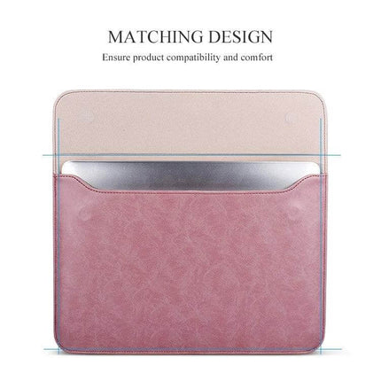 PU Leather Protective Sleeve for 14.1 Inch Laptops with Extra Pouch slim pink sleeve showing laptop partially inserted and front pouch