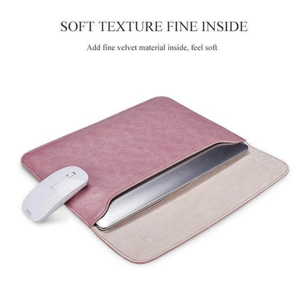 PU Leather Protective Sleeve for 14.1 Inch Laptops with Extra Pouch slim pink sleeve with soft velvet interior and mouse beside laptop partially inserted
