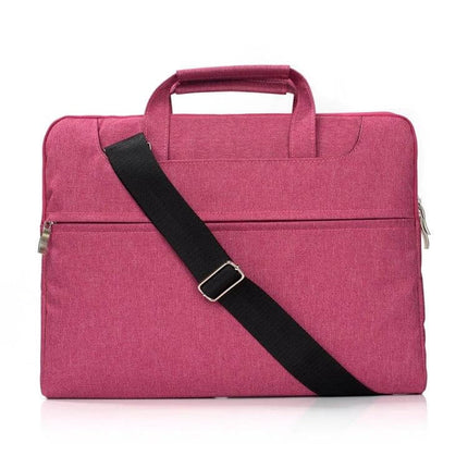 Versatile Protective Bag for 11.6 Inch Laptops and Tablets in pink with top handle and adjustable black shoulder strap, front zip pocket