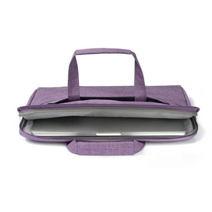 Versatile Protective Bag for 11.6 Inch Laptops and Tablets - purple slim sleeve with handles showing laptop partially inserted