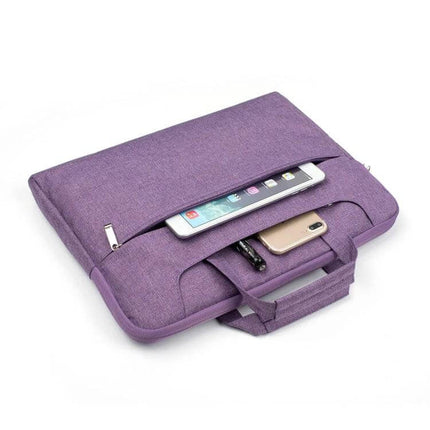 Protective Laptop Bag for 13.3 Inch Devices and Tablets in purple with tablet, phone and pens visible, one-shoulder carry sleeve